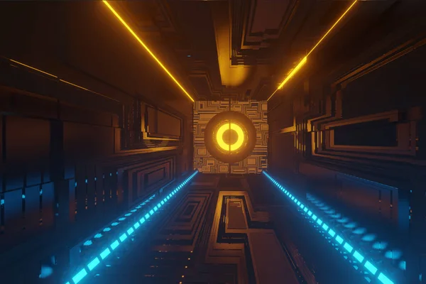 Aydınlatılmış koridor iç tasarımı. Işık arka planlı soyut gelecekçi tünel. 3B görüntüleme.