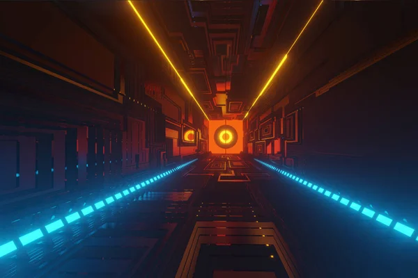Aydınlatılmış koridor iç tasarımı. Işık arka planlı soyut gelecekçi tünel. 3B görüntüleme.