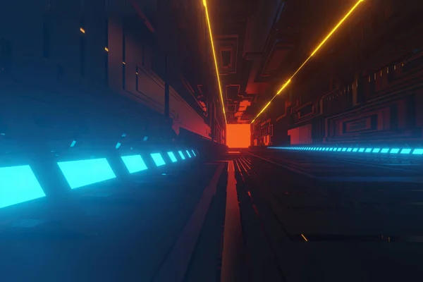 Aydınlatılmış koridor iç tasarımı. Işık arka planlı soyut gelecekçi tünel. 3B görüntüleme.