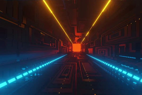Aydınlatılmış koridor iç tasarımı. Işık arka planlı soyut gelecekçi tünel. 3B görüntüleme.