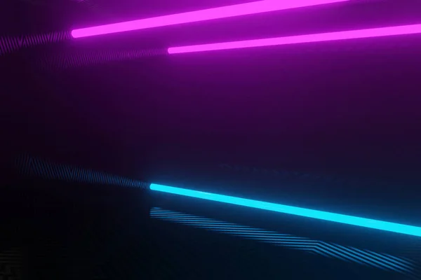 Koyu dokuma arka planında 3D görüntüleme, parlayan neon mavisi ve mor