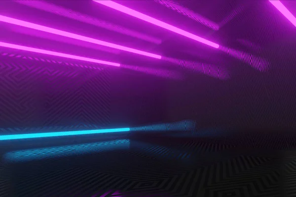 Koyu dokuma arka planında 3D görüntüleme, parlayan neon mavisi ve mor