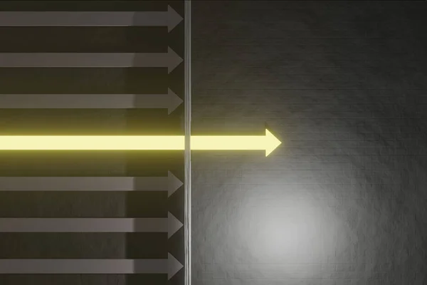 Glowing arrow breaking through wall on concrete background. Breakthrough and success concept. 3D Rendering