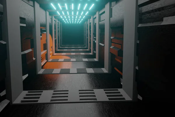 照明走廊室内设计 浅层背景的未来主义隧道 3D渲染 — 图库照片