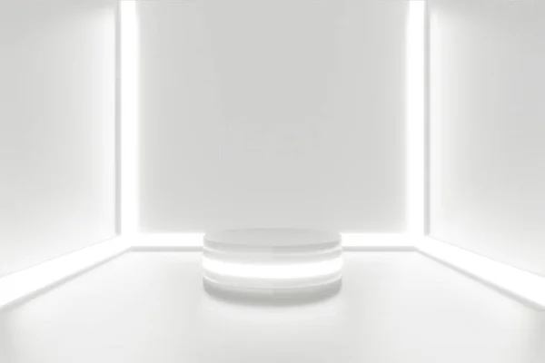 Gösteriş için fütüristik kaide. Ürün için boş podyum. 3d oluşturma