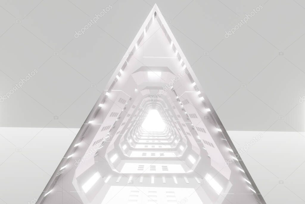 Illuminated corridor interior design. 3D rendering