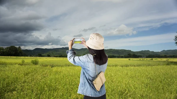 Kvinna Turist Använda Smartphone För Att Bilder Ris Fält Vacker — Stockfoto