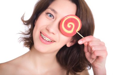 Çok renkli anten sistemleri ve lolipop kızla yakın çekim çekim