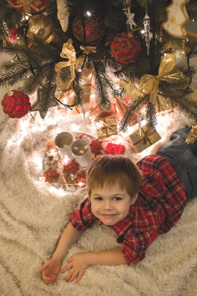 Boy laying under christmas tree with chocolate drink. — Stock Photo, Image