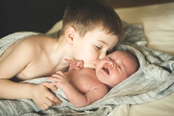 Two brothers are lying on a knitted coverlet — Stock Photo, Image