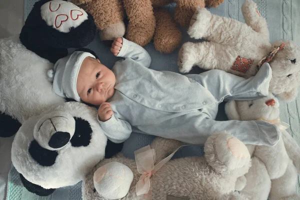 Bebé recién nacido acostado con cinco osos de peluche en la manta — Foto de Stock