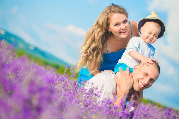 Молодая семья на лавандовом поле — стоковое фото