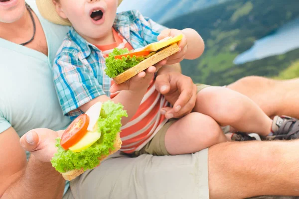 Vader Zoon Eten Gezonde Broodjes Een Picknick Bergen Meren Van — Stockfoto