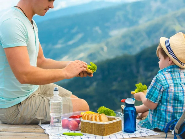 Father Son Eat Healthy Sandwiches Picnic Mountains Rila Lakes Bulgaria — Stock Photo, Image