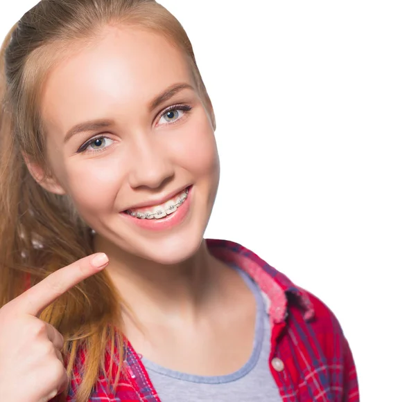 Beautiful Young Blondie Girl Showing Her Dental Braces Isolated White — Stock Photo, Image