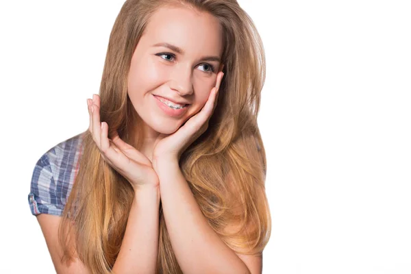 Mooi Jong Blondje Meisje Tonen Haar Gebit Beugel Geïsoleerd Wit — Stockfoto