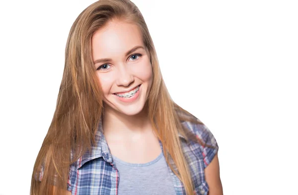 Beautiful Young Blondie Girl Showing Her Dental Braces Isolated White — Stock Photo, Image