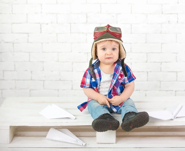 Little boy playing pilot — 스톡 사진