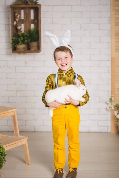 Jongen met een konijn — Stockfoto