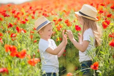 Brother and sister in poppy field