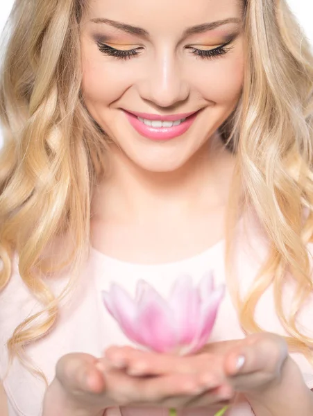Luxurious blonde with tulip — Stock Photo, Image