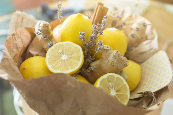 Bouquet of lemons and lavender