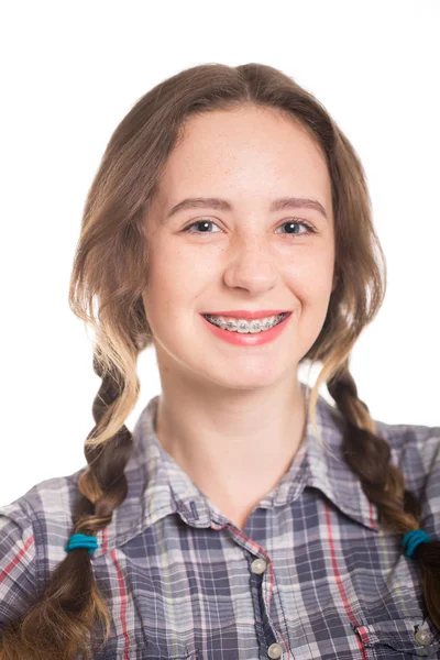 Young Girl Plaid Shirt Showing Her Dental Braces — Stock Photo, Image