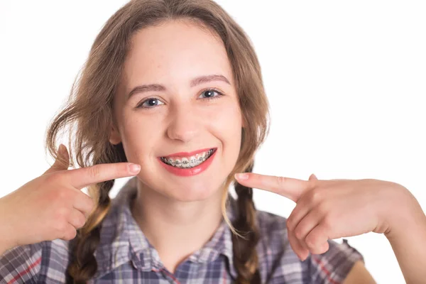 Young Girl Plaid Shirt Showing Her Dental Braces — Stock Photo, Image