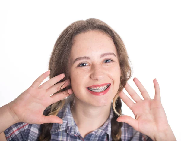 Young Girl Plaid Shirt Showing Her Dental Braces — Stock Photo, Image