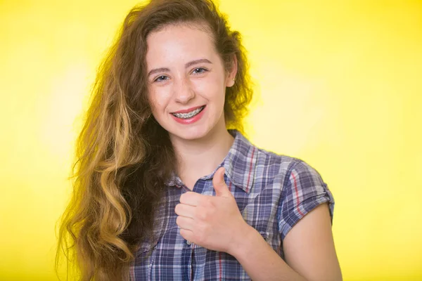 Young Girl Plaid Shirt Showing Her Dental Braces — 스톡 사진