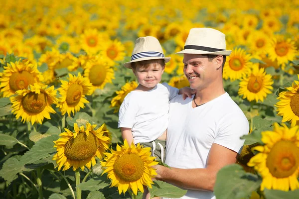 Niño Padre Están Jugando Enorme Campo Girasoles Niño Hombre Con — Foto de Stock