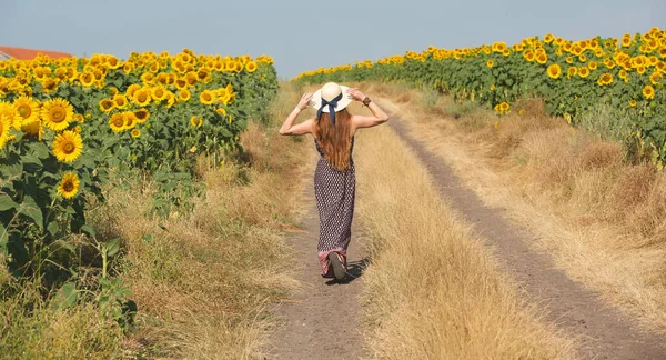 Kobieta Chodzi Polu Żółtych Kwiatów Słonecznik Dla Piękna Zdrowia Skóry — Zdjęcie stockowe