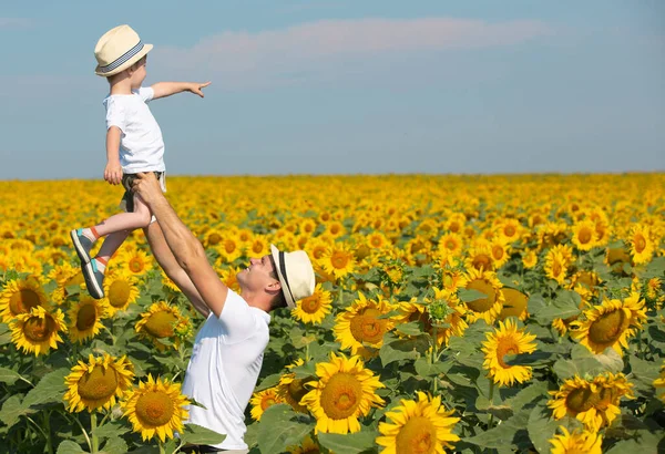 Een Kind Zijn Vader Spelen Een Enorm Veld Van Zonnebloemen Stockafbeelding