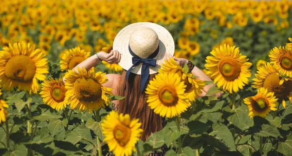 Μια Γυναίκα Κάνει Ηλιοθεραπεία Ένα Λιβάδι Κίτρινα Λουλούδια Ηλιοτρόπιο Για — Φωτογραφία Αρχείου