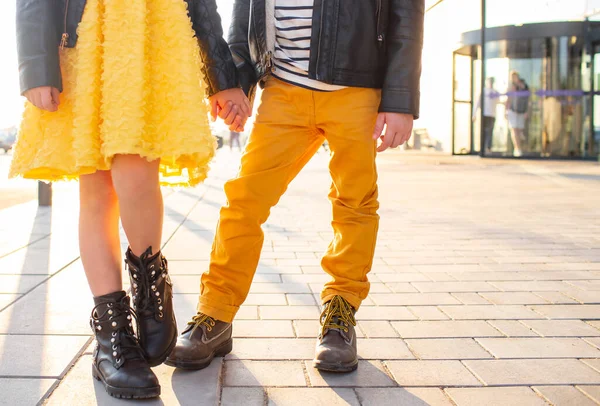 Little Kids Walk Together Stylishly Dressed Fashionable Kids Teenager Yellow — 스톡 사진