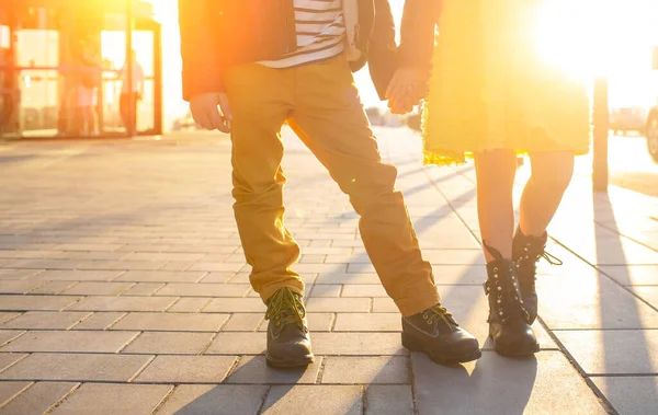 Little Kids Walk Together Stylishly Dressed Fashionable Kids Teenager Yellow — ストック写真