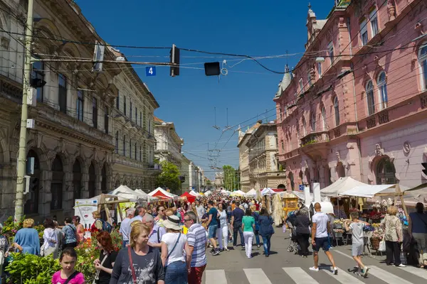 Szeged Hungria Maio 2016 Multidão Mercado Bridge Szeged Dia Festival — Fotografia de Stock