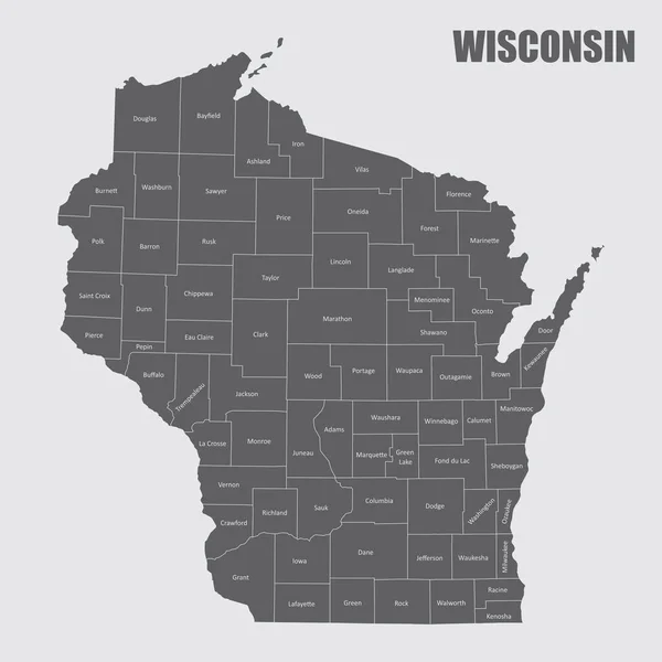 Wisconsinská Státní Mapa Její Okresy Etiketami — Stockový vektor