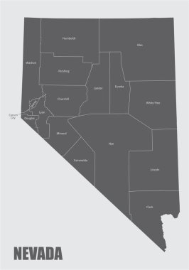Nevada Eyaleti haritası etiketli, beyaz arka planda izole edilmiş.