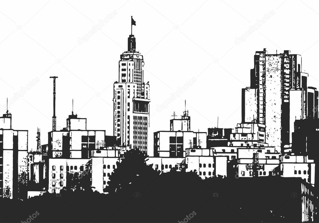 Panoramic view of the old center of Sao Paulo city, Brazil. Sketch illustration based on a photography.