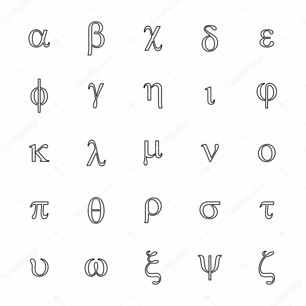 Greek letters icons set. Black outlines on white background.