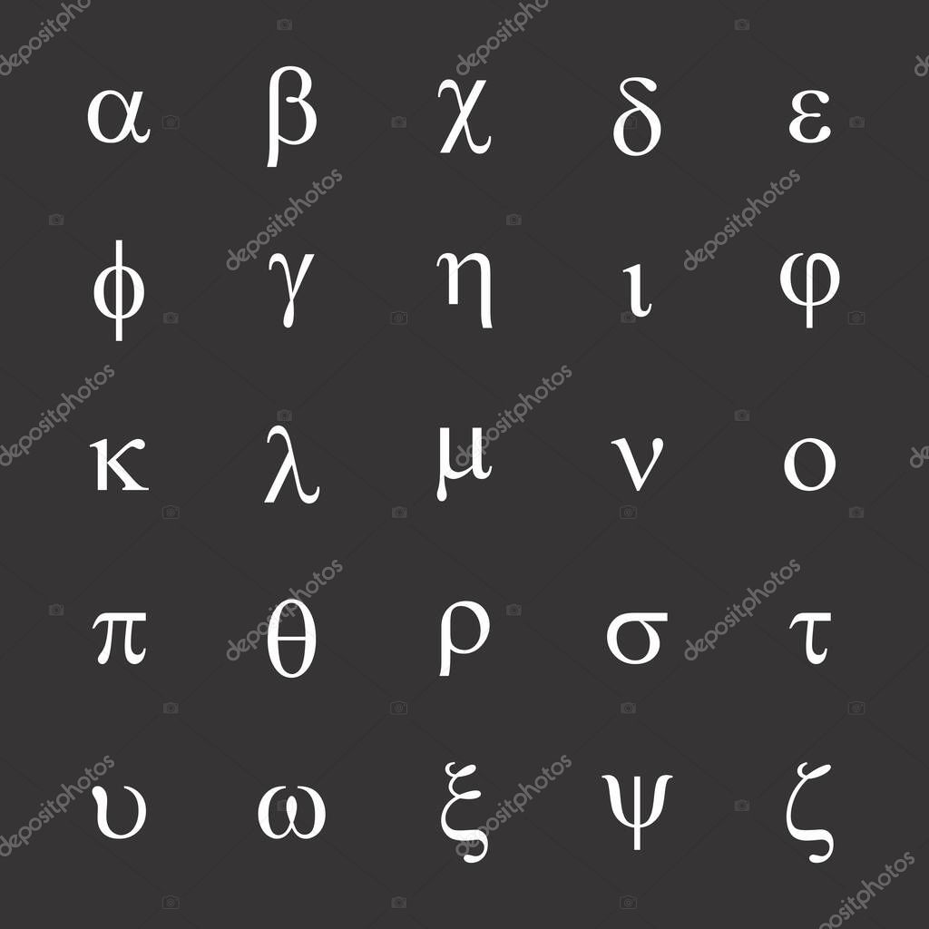 Greek letters icons set on the dark background