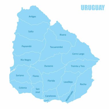 Beyaz arkaplanda izole edilmiş etiketlerle Uruguay bölgeleri haritası