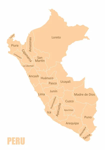 Mapa Regiones Perú Con Etiquetas Aisladas Sobre Fondo Blanco — Archivo Imágenes Vectoriales