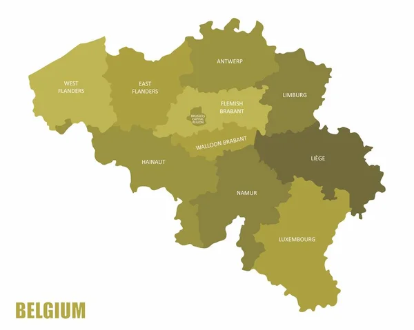 Mapa Belgických Regionů Etiketami Izolovanými Bílém Pozadí — Stockový vektor