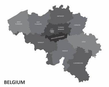 Etiketli Belçika bölgelerinin gri tonlu haritası