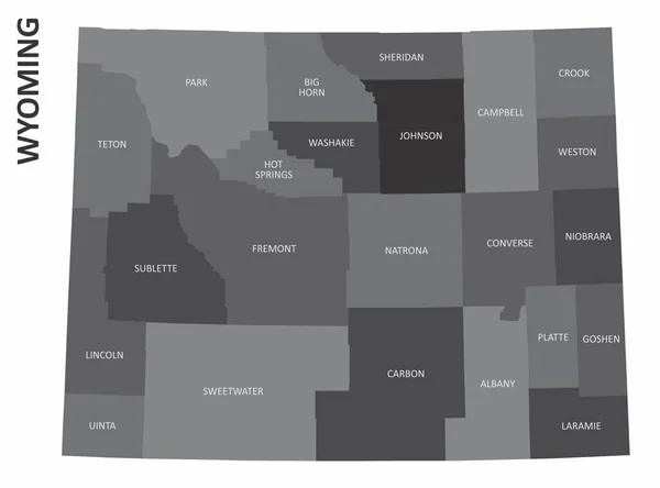 Wyoming Eyaleti Nin Ilçeleri Etiketleriyle Birlikte Gri Ölçekli Haritası — Stok Vektör