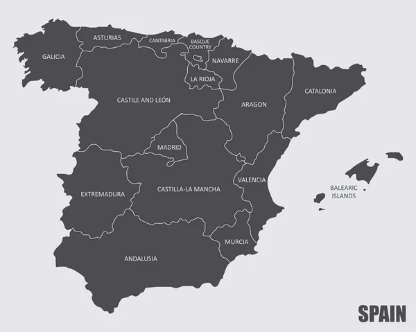 ラベル付きスペイン地域の灰色の地図 — ストックベクタ