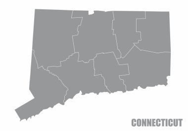 Connecticut eyaletlerinin gri haritası beyaz arka planda izole edilmiş.