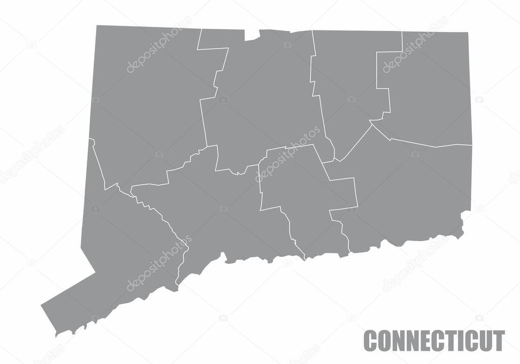 The gray map of Connecticut State counties isolated on white background